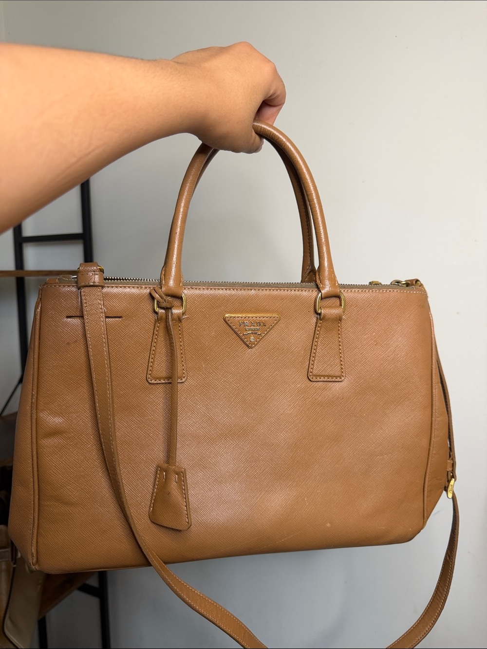 Authentic Prada Brown Saffiano Leather Satchel large with Shoulder Strap
